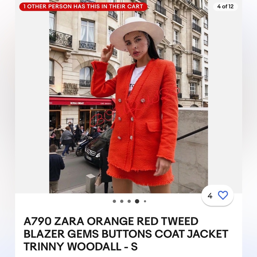 Zara Bright Orange Red Tweed Diamond Button Blazer - Picture 5 of 15